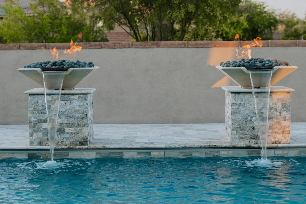 twin fire pillars pool fire features | Silver Line Pools